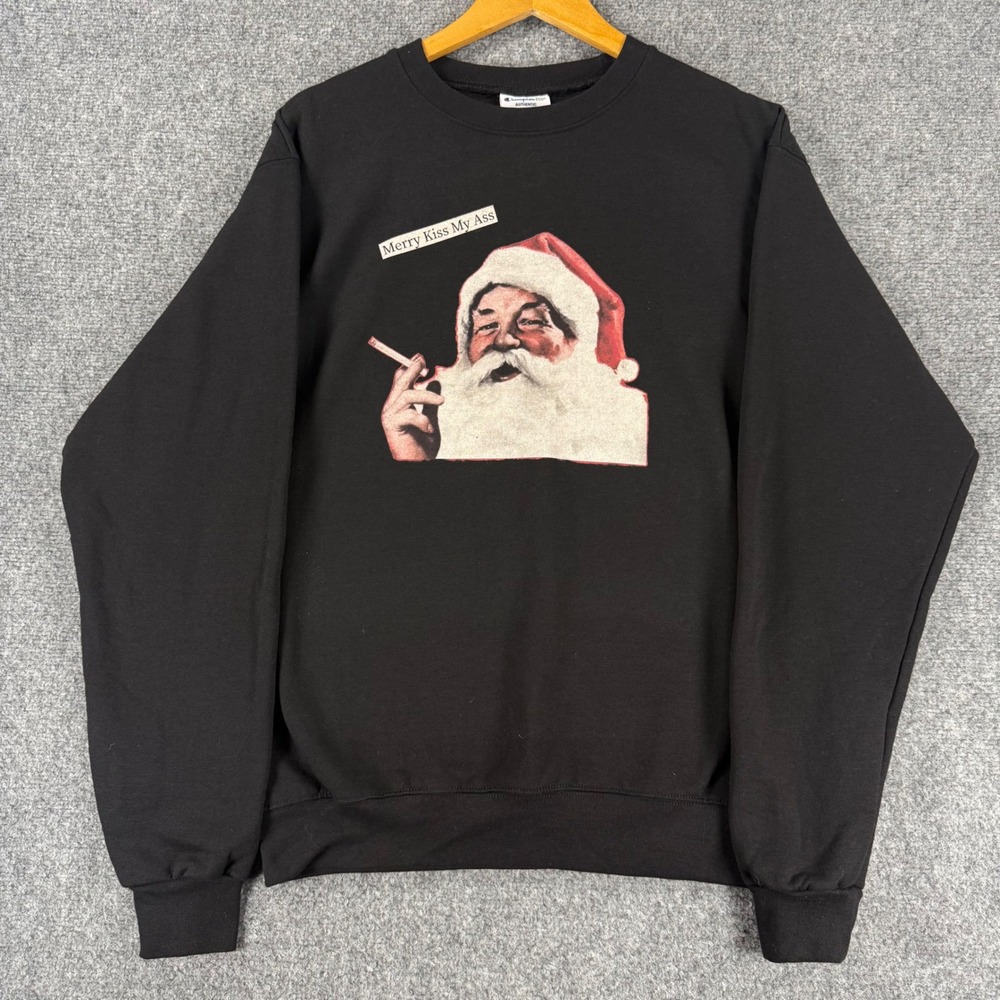 Champion Merry Kiss My Ass Santa Sweatshirt Men's Medium Black Cotton Blend